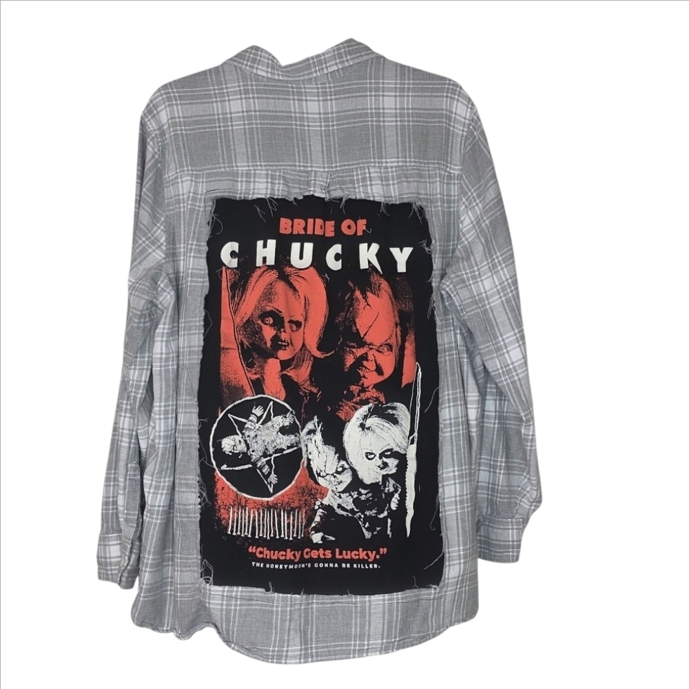 Boneyard Threadz Gray Plaid Flannel W/ Bride Of Chucky Graphic XL